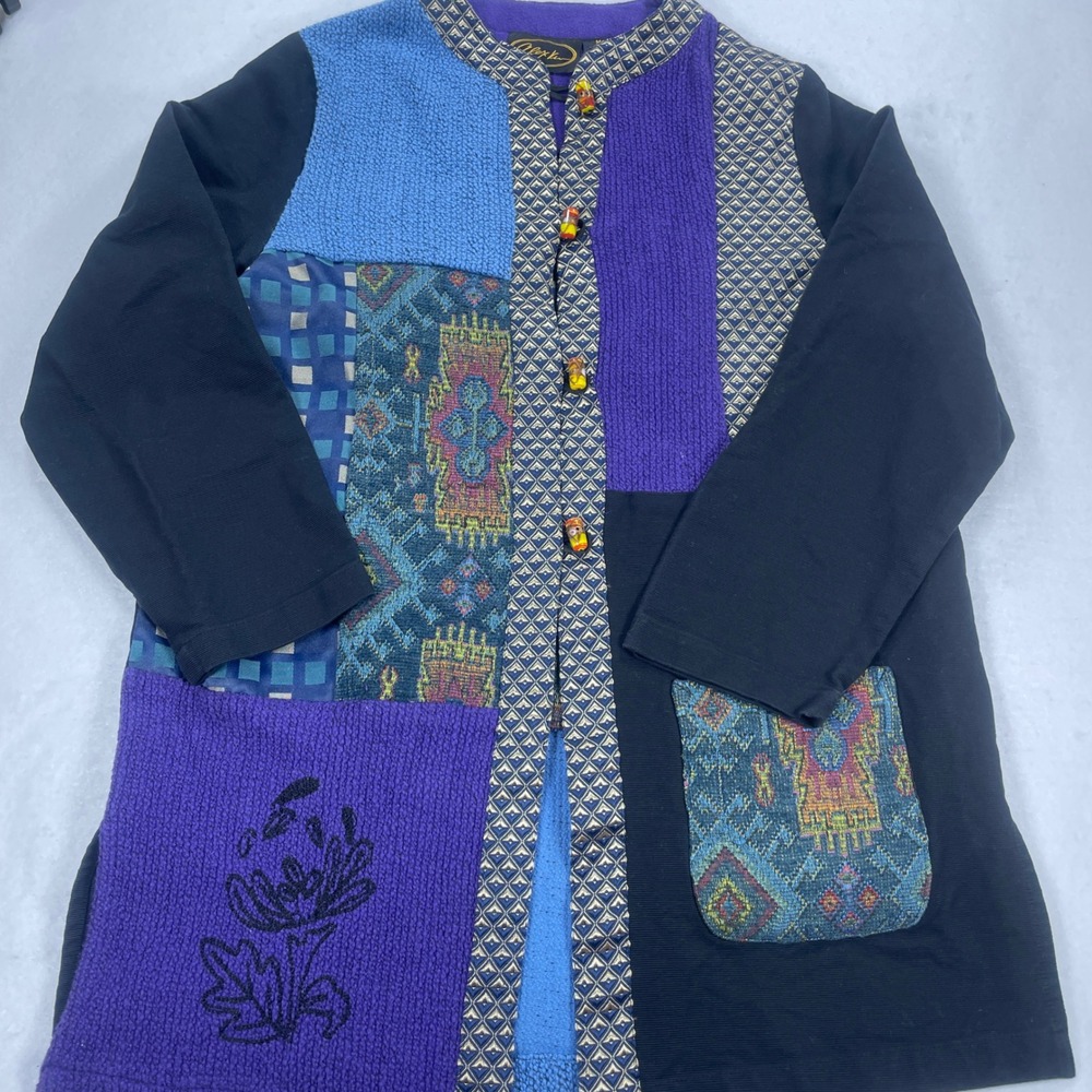 Alex Kim Artisan Patchwork Mixed Media Colorful Cardigan Jacket Boho Tapestry